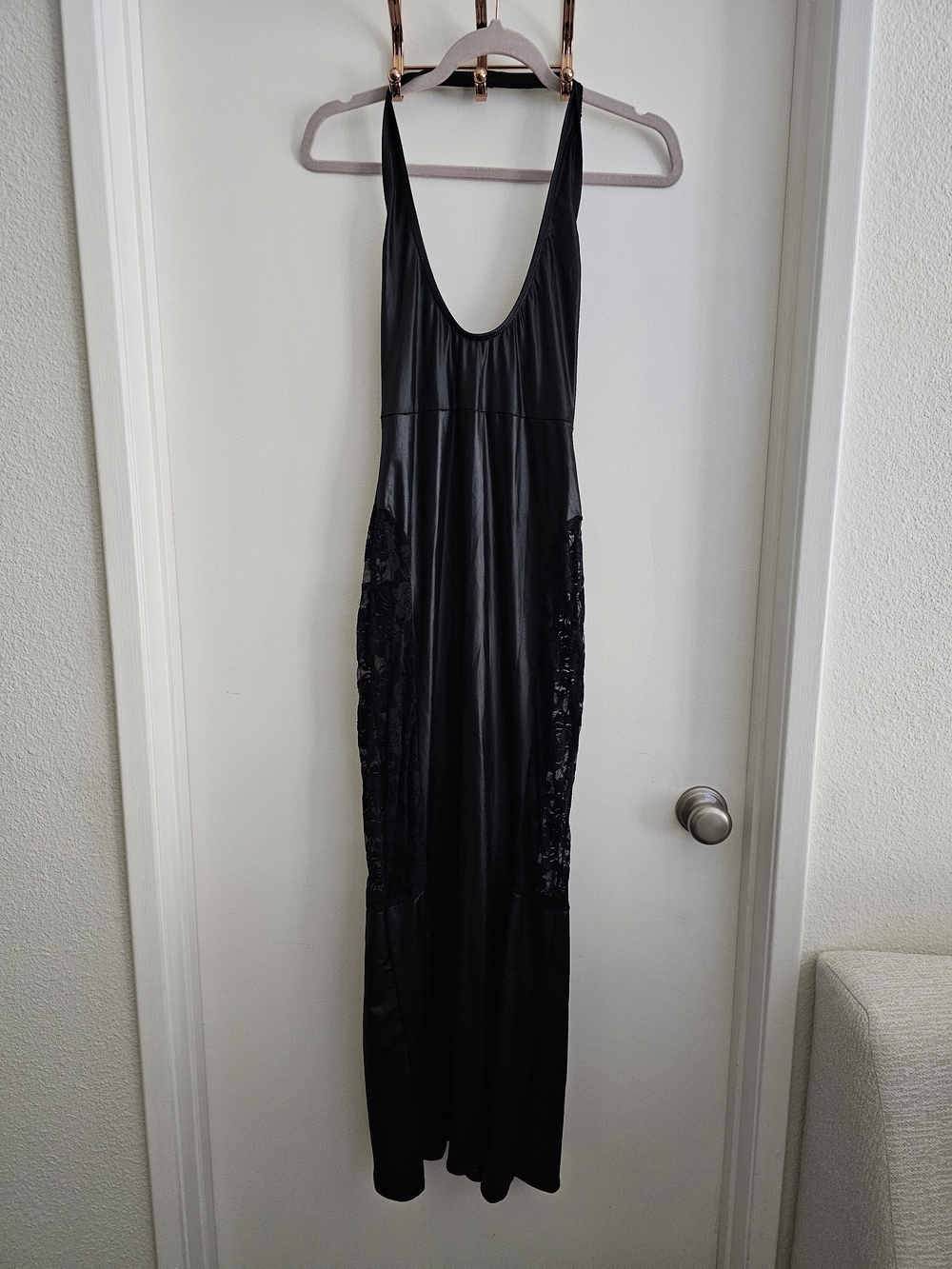 Allure Black Wetlook Lace-Panel Maxi Dress